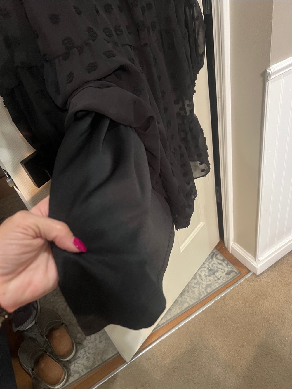 Black Sheer Swiss Dot Midi Dress with Ruffled Hem - Picture 8 of 12